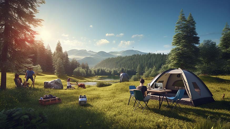 Foto von einem Zelt. Davor sitzt ein junger Mann mit einem Laptop an einem Campingtisch.