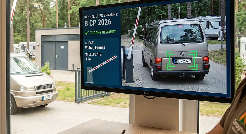 Bildschirm zeigt automatische Schrankenöffnung durch Kennzeichenerkennung auf Campingplatz.