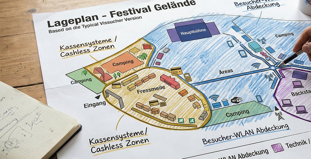 Detailreicher Lageplan eines Festivalgeländes zur Planung des Festival-Netzwerks.